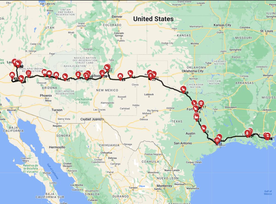 RV route from New Orleans to Las Vegas.